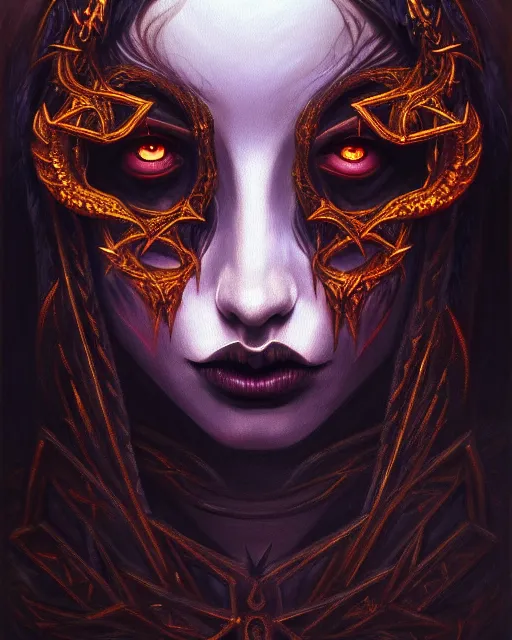 Image similar to painting of a satanic dark ritual, enigmatic beauty, esoteric, muted colors, head in focus, fantasy art, ornamental aesthetics, intricate, elegant, highly detailed hyperrealistic painting, artstation, concept art, painterly, sharp focus, illustration, art by lois royoi