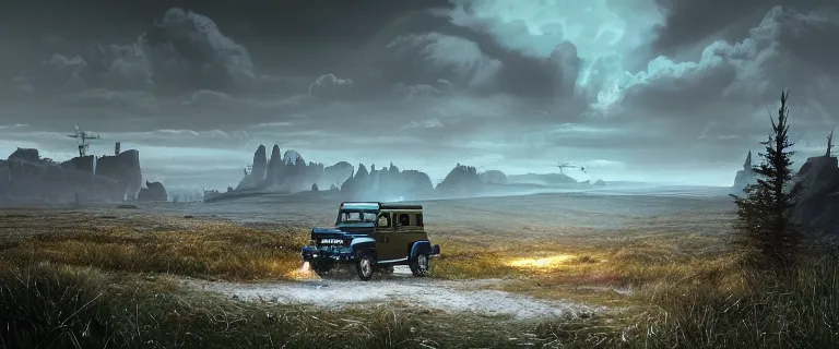 Image similar to Land Rover Defender 110 (1985), an epic fantasy, dramatic lighting, cinematic, establishing shot, extremely high detail, photorealistic, cinematic lighting, artstation, by simon stalenhag, The Elder Scrolls V: Skyrim, The Reach, Markarth, Karthwasten, dwemer ruins