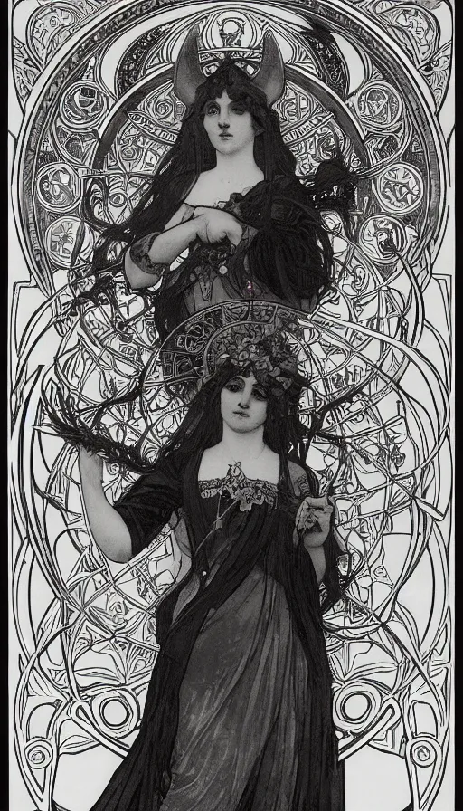 Prompt: a finely detailed beautiful!!! feminine alchemical engraving of The Baphometress by Alphonse Mucha, legendary masterpiece, stunning!, saturated colors, black background, full body portrait, zoomed out to show entire image, trending on ArtStation