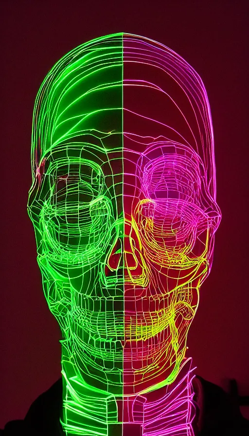 Image similar to skeleton made of neon lights, portrait, 3 d cartoon, pixar, sharp focus, film grain