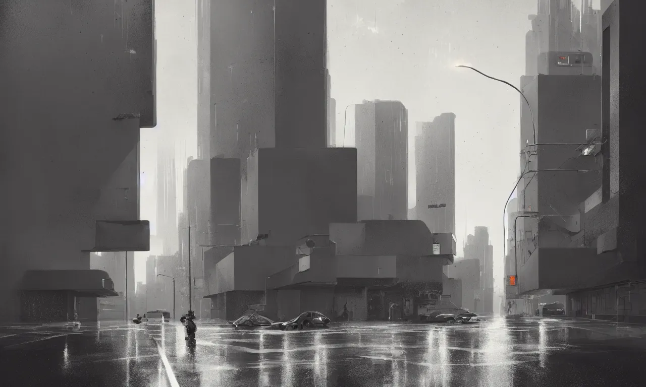 Image similar to high resolution photograph, streetscape, simple brutalist architecture, metal, concrete, wet streets, white neon lights, color neon signs, flying cars, pedestrians, greg rutkowski, syd mead, ralph mcquarrie, concept art, matte painting, finely detailed, minimal artifacts, rule of thirds, dynamic lighting, cinematic, denoised, centered, artstation