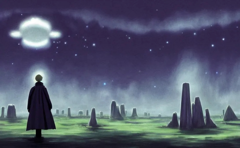 Image similar to a realistic and atmospheric cell - shaded concept art from howl's moving castle ( 2 0 0 4 ) of a ufo in the sky. a grey monk is standing in a futurist sci - fi city that looks like stonehenge in a flooded rainforest. it is a misty starry night. very dull muted colors, hd, 4 k, hq