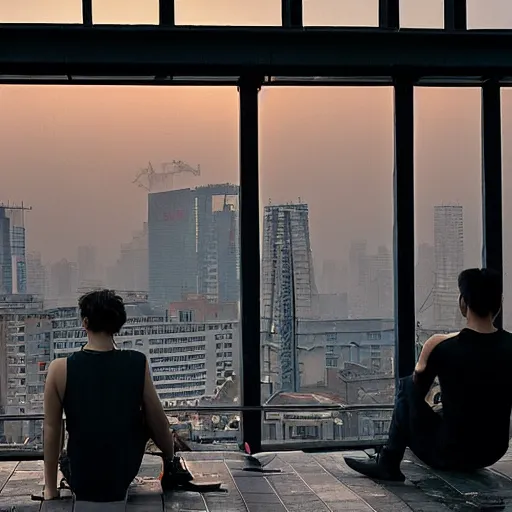 Prompt: a small rooftop with a couple of people sitting and watching the view, wearing black modern clothes, messy hair, modern shanghai bund in smog is on the background, sunset, by gregory crewdson