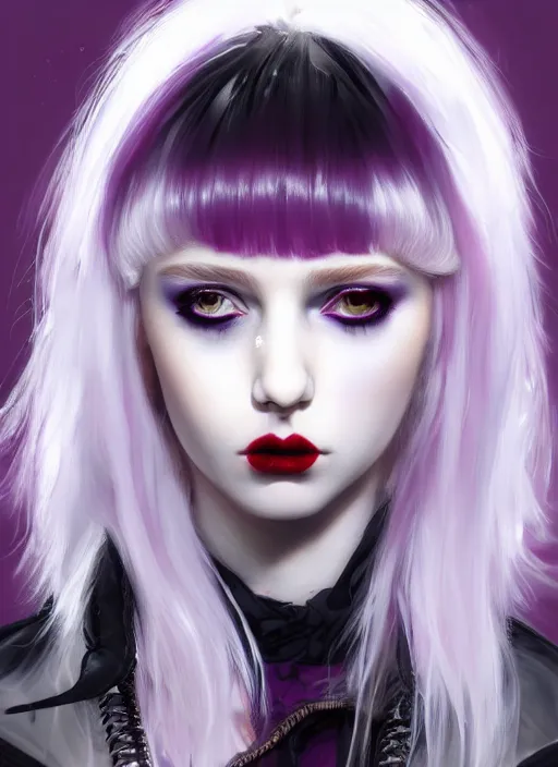 Image similar to portrait of white teenage girl, normal face, white bangs, mall goth, cyberlox, black and white hair, bangs, fluffy bangs, red contact lenses, purple lipstick, intricate, elegant, highly detailed, digital painting, artstation, concept art, sharp focus, smooth, illustration, art by wlop, mars ravelo and greg rutkowski