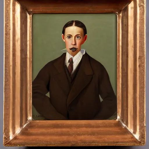 Prompt: portrait of a british young man in a flat cap, a light mustache, and a nice brown suit, oil painting