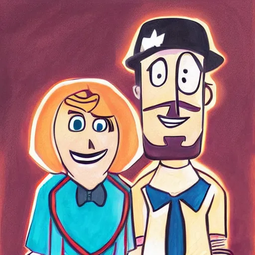 Image similar to beautiful painting, wedding couple as gravity falls, by alex hirsch, cartoon, coherent symmetrical faces