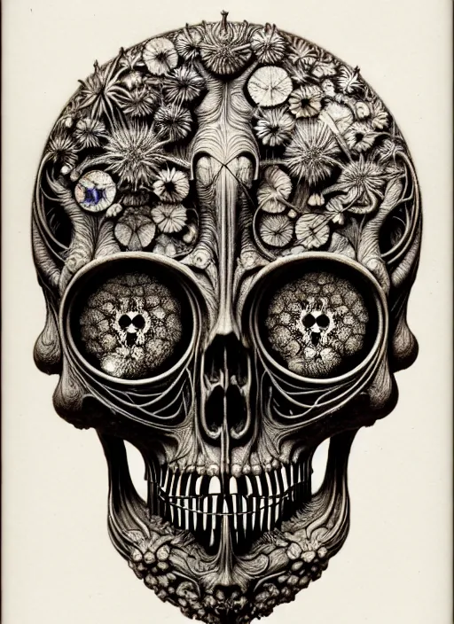 Image similar to art forms of nature by ernst haeckel, memento mori by arthur rackham, ornate antique porcelain beautiful skull mask, ultrasharp, photorealistic, hyperdetailed, octane render, polished, art nouveau, neo - gothic, gothic, intricate ornamental organic filigree, art nouveau botanicals, art forms of nature by ernst haeckel, horizontal symmetry, symbolist, visionary