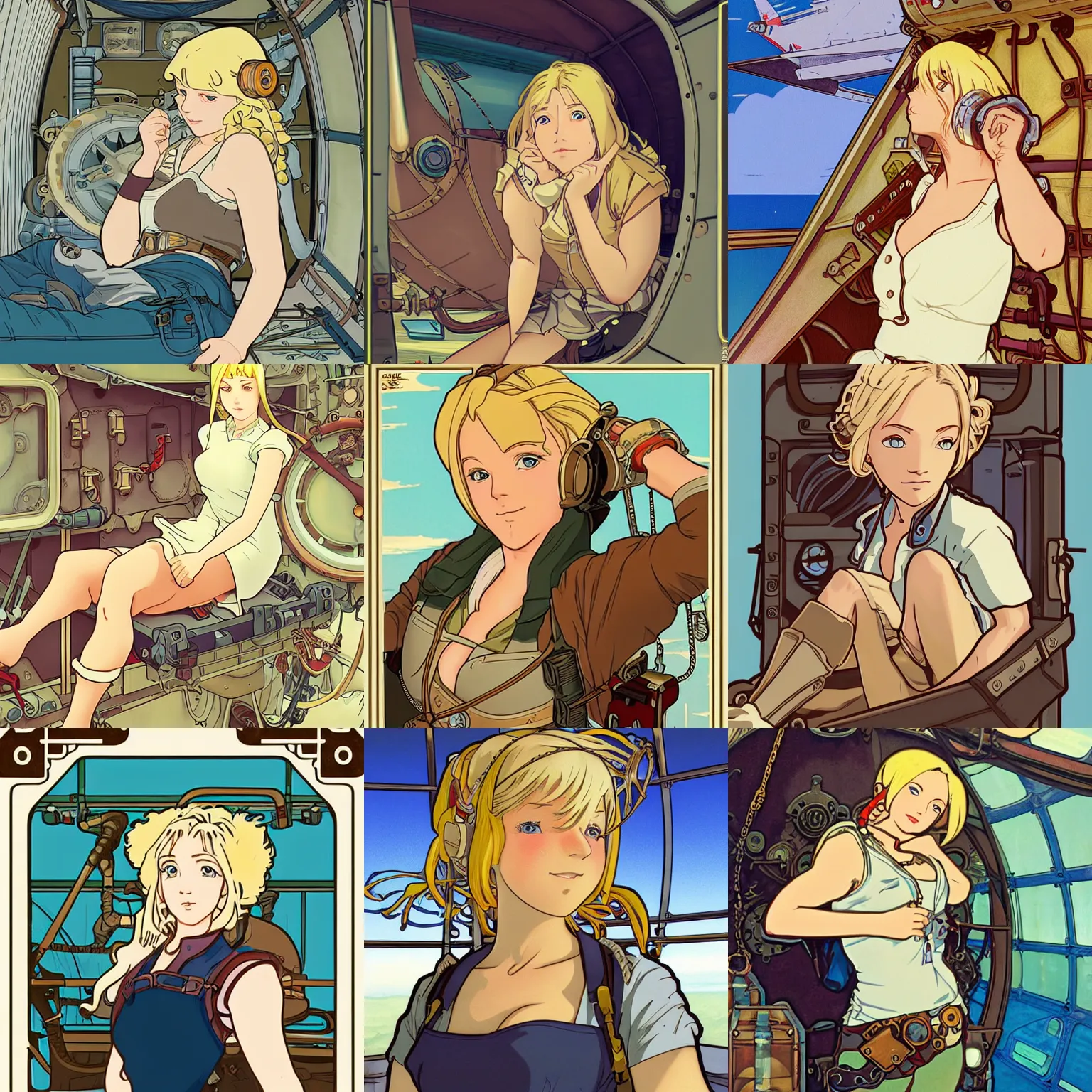 Prompt: Character portrait of a tank top-clad blonde female airship mechanic resting in her cramped bunk, steampunk, beautiful face, highly detailed, cel shading, anime still, by Studio Ghibli, Alphonse Mucha, Ilya Kuvshinov