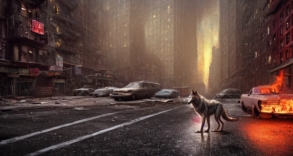 Image similar to A beautiful hyper realistic ultra detailed lifelike matte painting of close-up of a scruffy Timber Wolf standing in the middle of an abandoned post-apocalyptic New York City street at night with cars on fire, unreal engine, deviantart, flickr, artstation, octane render, textured, colorful, extreme realistic detail, physically based rendering, pbr render, very detailed, volumetric lighting, detailed lighting, octane render, 4k, cinematic lighting, 8k resolution