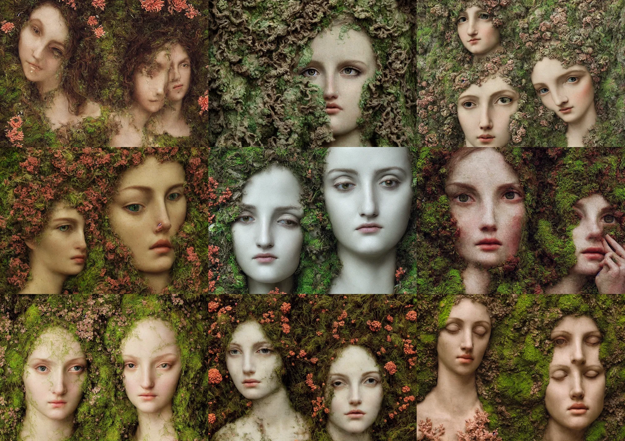 Prompt: portrait of the closeup face of a beautiful fractal goddess, renaissance painting, complex and desaturated, emerging from moss and coral and ancient relics