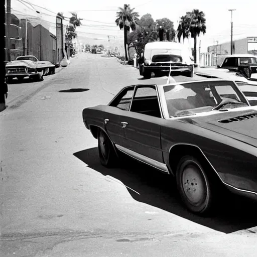 Prompt: detective in leather jacket next to car, pointing a pistol, in 1970s Los Angeles street, photograph