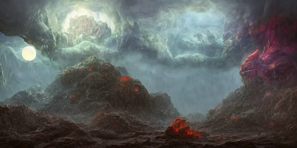 Prompt: concept art of kirby, lava rocks, renaissance, roaring, melting horror, round moon, rich clouds, fighting the horrors of the unknown, overgrown, very detailed, volumetric light, mist, fine art, decaying, textured oil over canvas, epic fantasy art, very colorful, ornate scales, marc simonetti