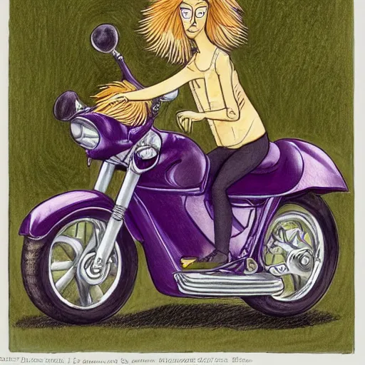 Prompt: a highly detailed drawing by s. gahan wilson of a slender beautiful woman with straight ginger hair and bangs, wearing purple leathers and gold helmet, posing with large ginger tabby and raccoon on a motorcycle in front yard, holding toasted brioche bun, dramatic lighting
