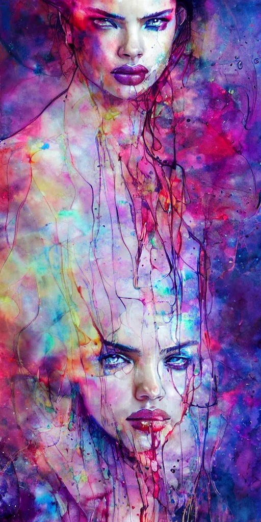 Image similar to adriana lima by agnes cecile enki bilal moebius, intricated details, sitting on a stool, full body portrait, extremely luminous bright design, pastel colours, drips, autumn lights