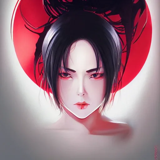 Image similar to A beautiful demon woman with big and cute eyes || VERY ANIME, fine-face, red and black robotic parts, realistic shaded perfect face, fine details. Anime. realistic shaded lighting poster by Ilya Kuvshinov katsuhiro otomo ghost-in-the-shell, magali villeneuve, artgerm, Jeremy Lipkin and Michael Garmash, Rob Rey and Kentarõ Miura style, trending on art station