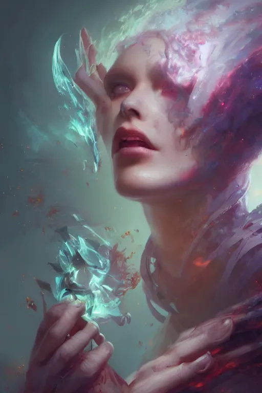 Image similar to face closeup beautiful girl necromancer casting spell, 3 d render, holding magic fire and electicity, hyper realistic detailed portrait, ruan jia, wlop, fantasy, hyper detailed, octane render, concept art, peter mohrbacher