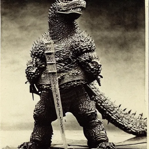 Image similar to “Godzilla in full samurai armour, 1900’s photo”