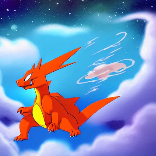 Image similar to charizard from pokemon flying into space and time above the clouds, the stars and galaxies are shining bright, ue 5, award winning, sharp focus, illustration