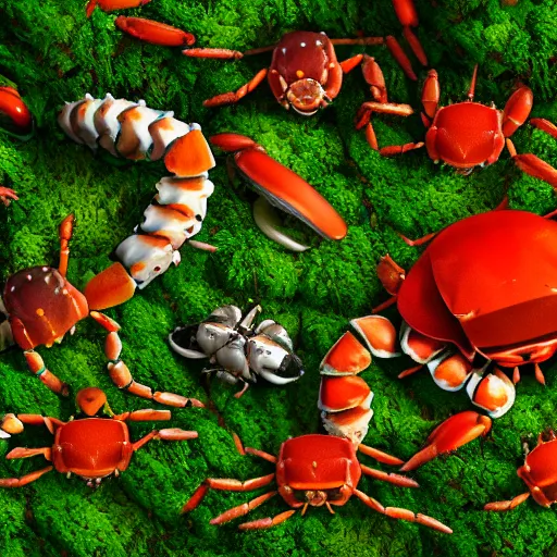 Prompt: large group of crabs and worms, crawling along a bed of moss, low poly, creeper world, handcrafted, artstation, hyperrealistic, hard light, best practices, creeptastic, photorealism, macro perspective, cuddly, Voidless of the Festival!