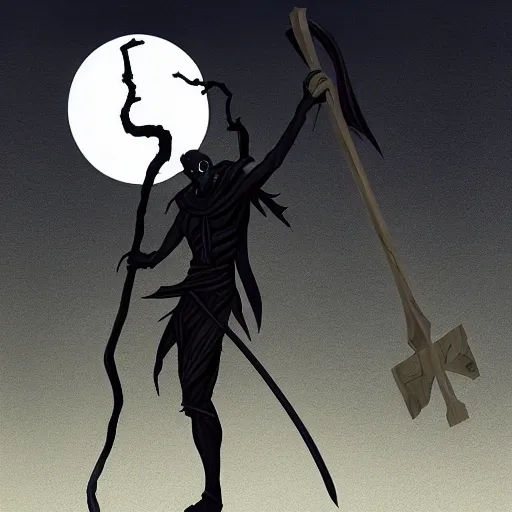 Image similar to gaunt bald pale white tiefling holding a staff made of gnarled wood, black raven sitting on staff, looming silhouette of undead god on horizon, three moons, illustration, sharp focus, highly detailed, digital painting