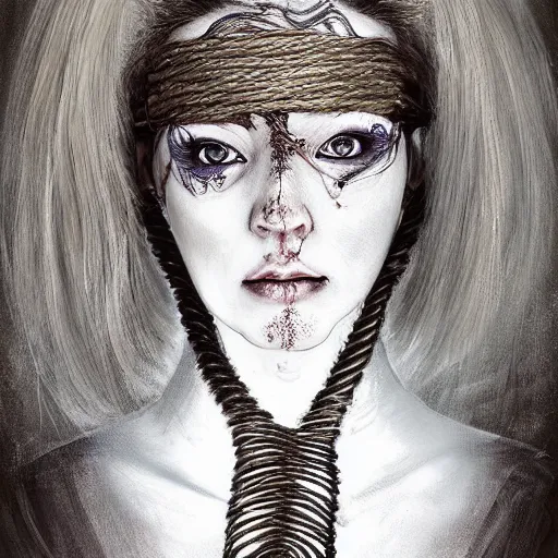 Image similar to portrait of a Shibari rope wrapped face and neck, headshot, insanely nice professional hair style, dramatic hair color, digital painting, of a old 15th century, old cyborg merchant, amber jewels, baroque, ornate clothing, scifi, realistic, hyperdetailed, chiaroscuro, concept art, art by Franz Hals and Jon Foster and Ayami Kojima and Amano and Karol Bak,