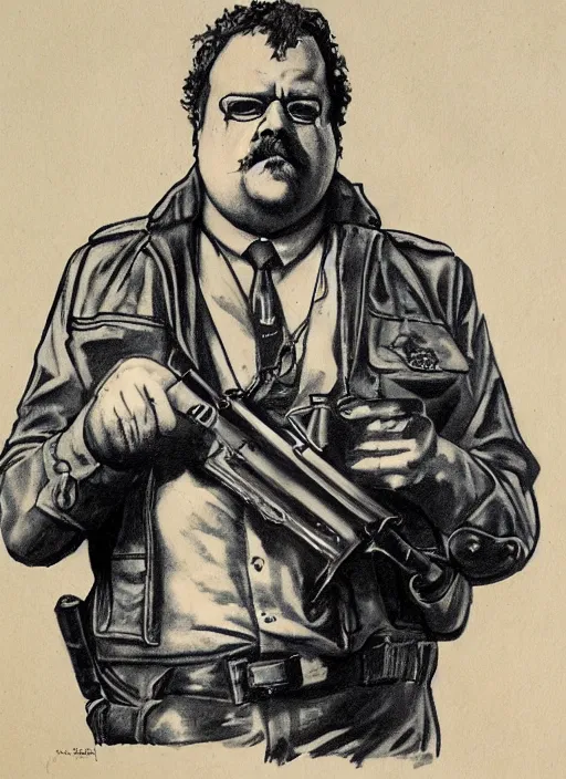 Image similar to gk chesterton as a buff mercenary with tattoos and a shotgun. portrait by james gurney.