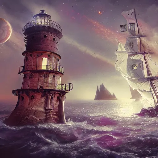 Image similar to pirates sailing the lighthouse in the middle of the galaxy , wide angle shot, diffuse lighting, fantasy, intricate, elegant, highly detailed, lifelike, photorealistic, digital painting, illustration, concept art, smooth, sharp focus, A24!film cinematography