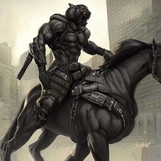 Image similar to a musclebound black - coated male anthro horse in a tactical outfit in a city warzone, detailed clothes texture, absurdly beefy physique, highly detailed, digital painting, artstation, sharp focus, smooth, concept art, illustration, art by artgerm, greg rutkowski, wlop