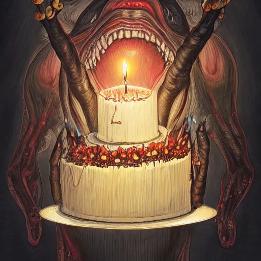 Image similar to epic view of a giant birthday cake with lit candles by junji ito and james jean and esao andrews, cake, candles, 4 k, hyperdetailed, hyperrealistic, trending on artstation, pencil art on paper, horror, dramatic lighting