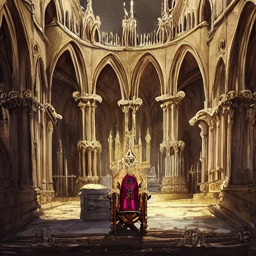 Prompt: Skeleton King resting on his throne inside a cathedral, oil painting, by Fernanda Suarez and Greg Rutkowski