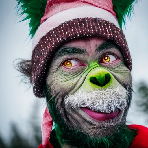 Image similar to portrait photo still of real life grinch, 8 k, 8 5 mm f 1. 8