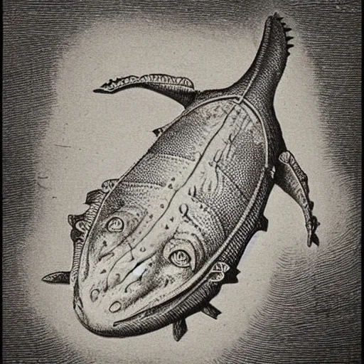 Prompt: “Victorian scientific drawing of a small icthyosaur with sharp teeth and sharp scales, the picture is a very detailed illustration drawn in pencil and India ink, realistic”