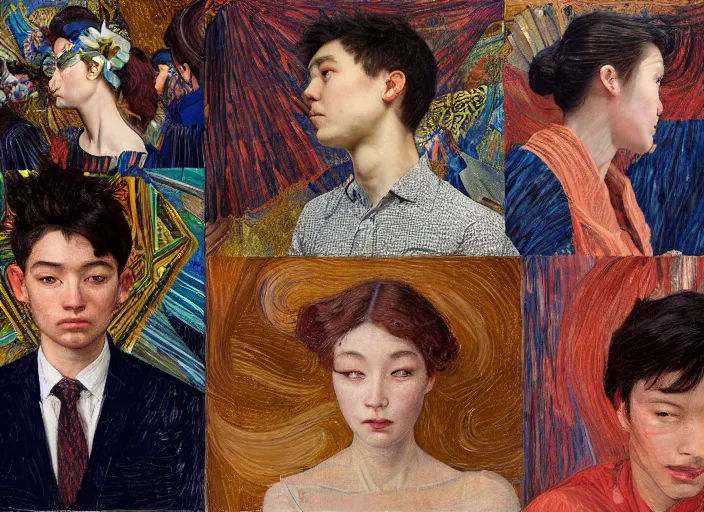 Image similar to people in movie theatre, interior factory bright, portrait face, in the style of frantisek kupka, intricate, miles johnston, keita morimoto, kuroda seiki, cynical realism, ozabu, john william godward, painterly, yoshitaka amano, beautiful lighting, miles johnston, klimt, louise zhang, james jean