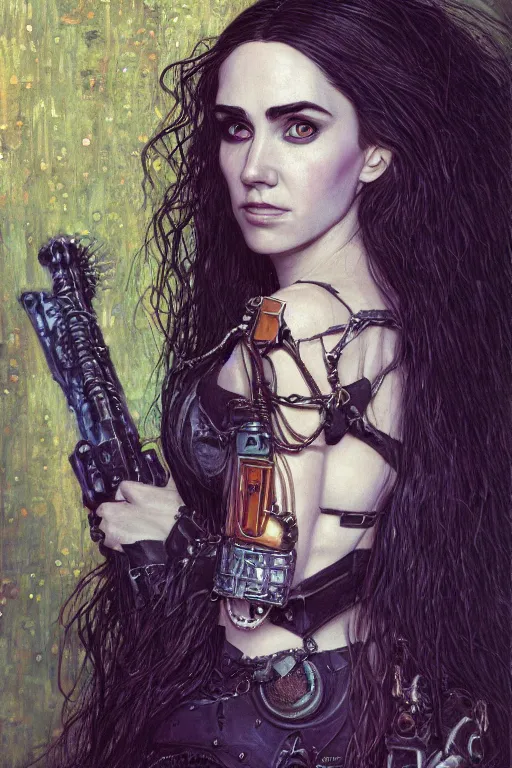 Image similar to portrait of young beautiful gothic Jennifer Connelly, cyberpunk, Warhammer, highly detailed, artstation, illustration, art by Gustav Klimt