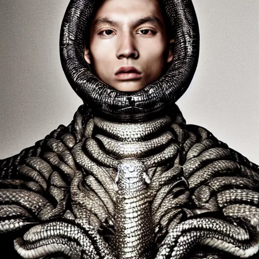 Prompt: a portrait of a beautiful young male wearing an alexander mcqueen armor made of snake skin , photographed by andrew thomas huang, artistic