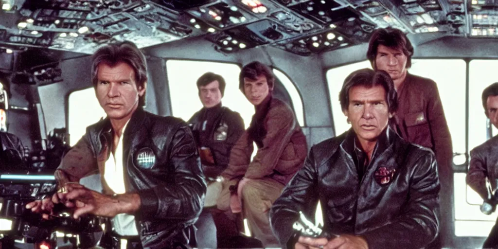 Prompt: a full color still of the control bridge of a spaceship with a middle-aged Harrison Ford as Han Solo standing in the middle, dressed in an admirals uniform, cinematic lighting, 1999, directed by Steven Spielberg, 35mm