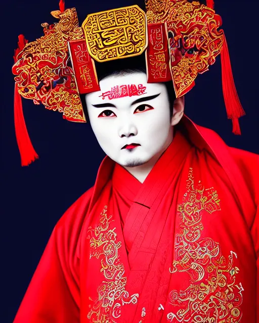 Image similar to photo of a Dramatic Peking Opera male character with arabic text calligraphy words painted on face in the style of stefan kostic, realistic, sharp focus, symmetric, 8k high definition, insanely detailed, intricate, elegant, art by stanley lau and artgerm, William-Adolphe Bouguereau