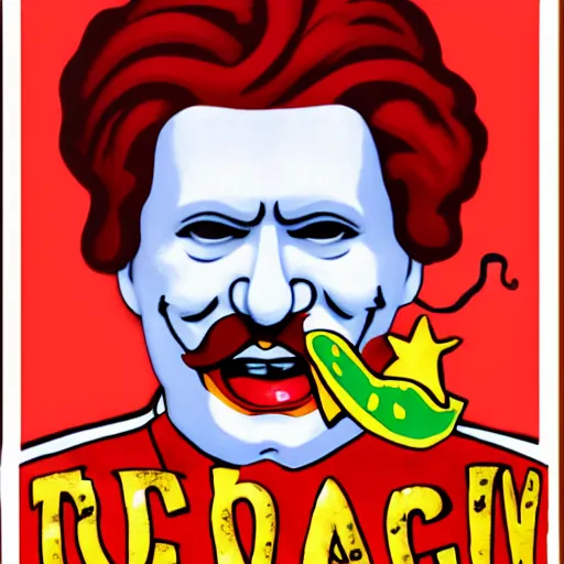 Prompt: communist ronald mcdonald with a crying taco, evil, scary, year 2550