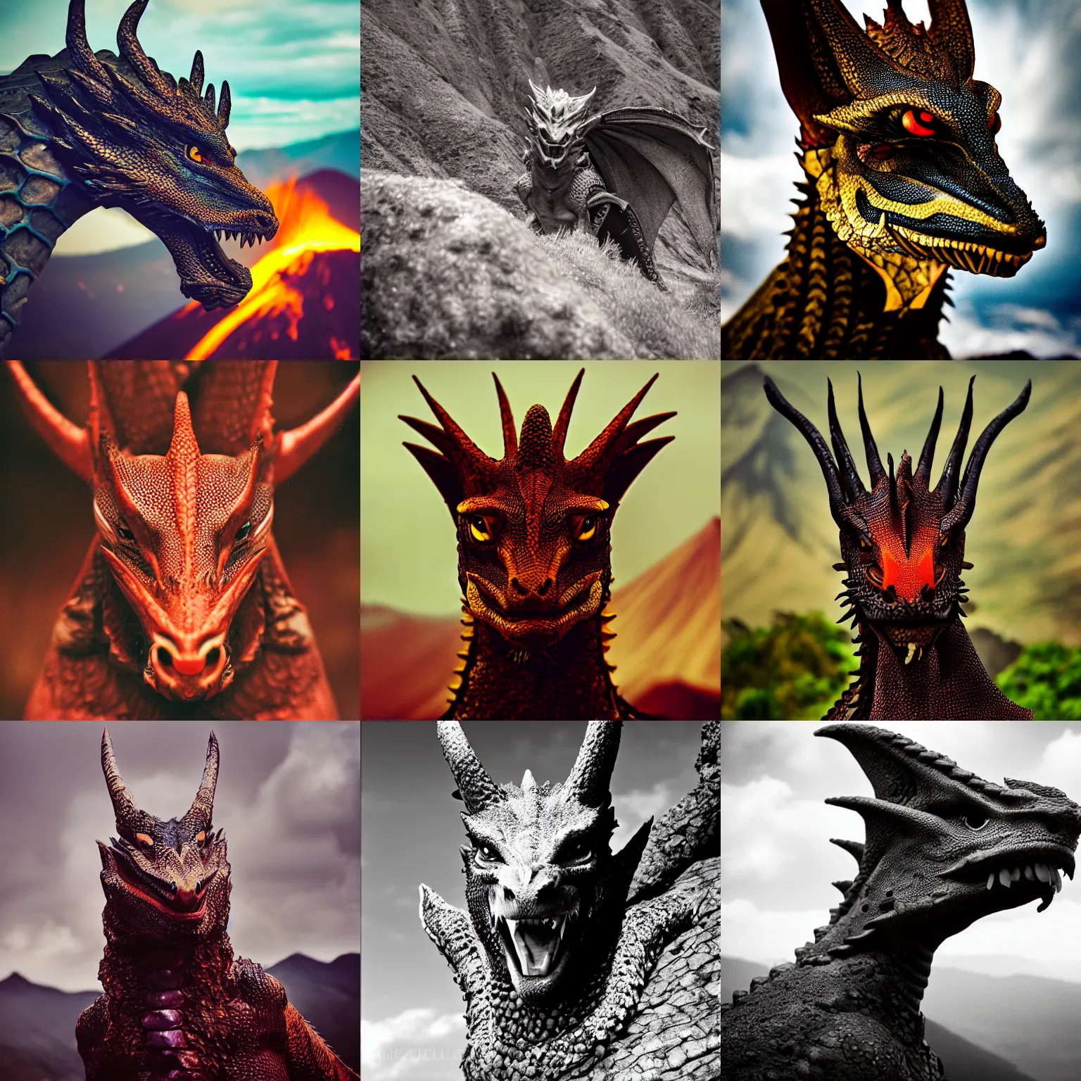 Prompt: film photography, portrait of a handsome dragon staring at the camera, fantasy, volcanic background, award - winning photography