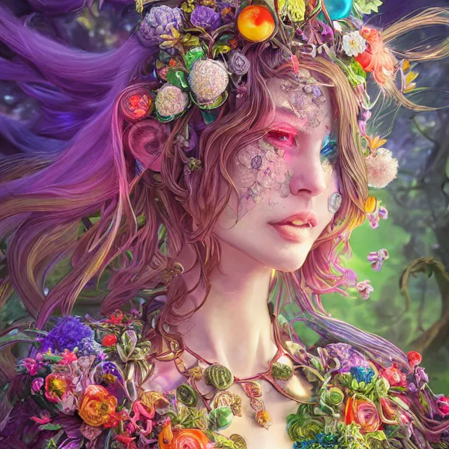 Prompt: the portrait of chaotic good female rainbow colorful druid botanist as absurdly beautiful, gorgeous, elegant, young gravure idol, an ultrafine hyperdetailed illustration by irakli nadar, james jean, intricate linework, super sharp focus, bright colors, octopath traveler, final fantasy, unreal engine 5 highly rendered, global illumination, radiant light, intricate environment