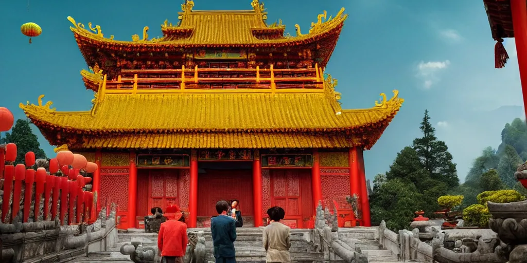 Prompt: a very high resolution image from a new movie, upside - down old yellow chinese temple, beautiful scenery, photorealistic, photography, directed by wes anderson