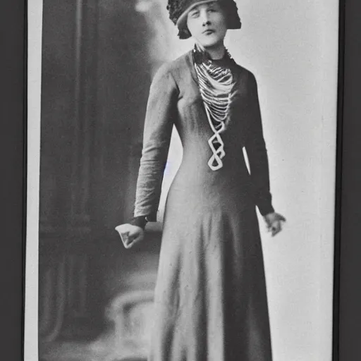 Image similar to a photograph from a museum displays a vintage 1 9 1 0 s of a woman wearing an art nouveau haute couture sailor dress suit outfit ensemble.