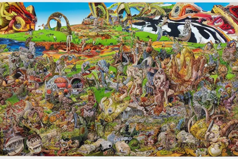 Image similar to landscape by rotella mimmo, kenny scharf, jacek yerka, peter bagge, simon bisley, artur bordalo, judy chicago, geof darrow