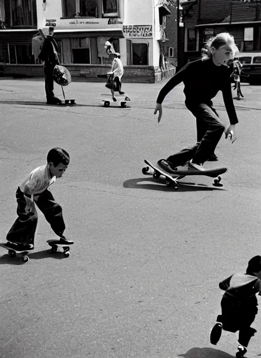 Prompt: 1 9 5 0 s kids skateboarding in the street by vivian maier. professional photography.