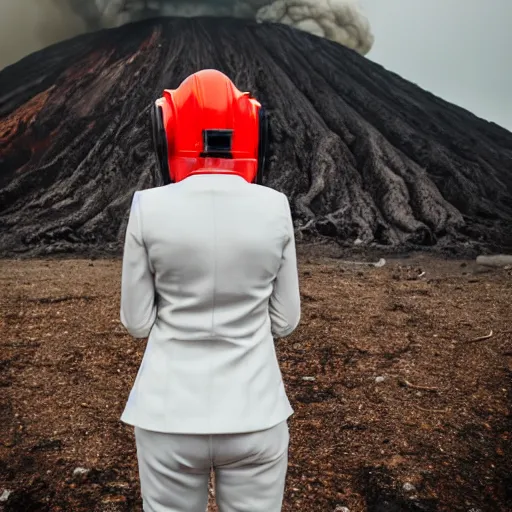 Prompt: woman with white suit, she wear red eyed gasmask, in volcano, standing close to volcano, fire raining, professional photography, black and white, cinematic, eerie