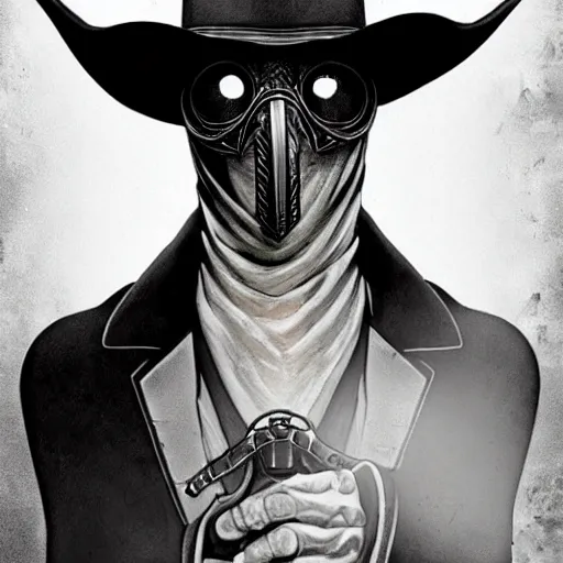 Prompt: a portrait of a plague doctor gunslinger, dark fantasy, horror, western, hell, ultrafine detailed pencil digital art by frank frazetta and vito acconci and and takeshi obata, death note style, symetric body, cgsociety, sharp focus, detailed face