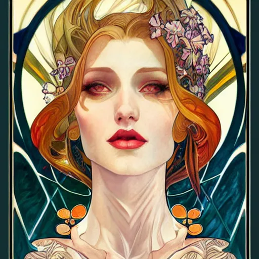 Image similar to an art deco portrait in the style of anna dittmann and donato giancola and alphonse mucha.