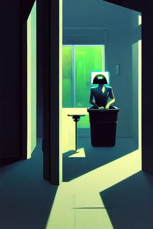 Image similar to the trashcan is actually a person wearing oculus and digital glitch head edward hopper and james gilleard zdzislaw beksisnski higly detailed