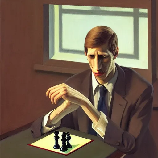Prompt: Portrait of Mr. bobby fischer wearing a business suit playing chess, very coherent, painted by Edward Hopper, Wayne Barlowe, painted by James Gilleard, airbrush, art by JamesJean