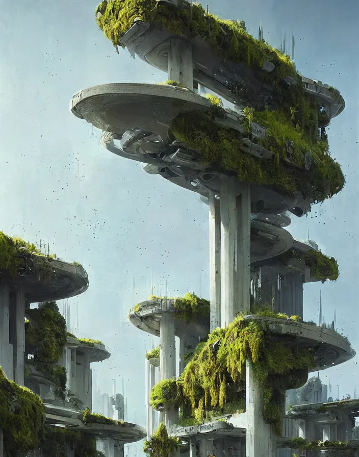 Prompt: concrete architecture with moss and ivy growing all over, many antennas and towers, futuristic, late afternoon light, wispy clouds in a blue sky, by frank lloyd wright and greg rutkowski and ruan jia